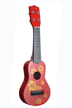 Charger l'image dans la galerie, Children soprano ukulele with red Hawaiian design and wood soundboard
