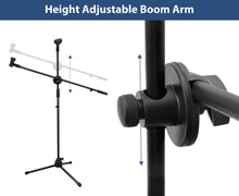 Charger l'image dans la galerie, Tripod boom microphone stand with adjustable boom arm and two mic clips
