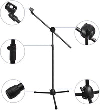 Charger l'image dans la galerie, Tripod boom microphone stand with adjustable arm and two mic clips on stable tripod base

